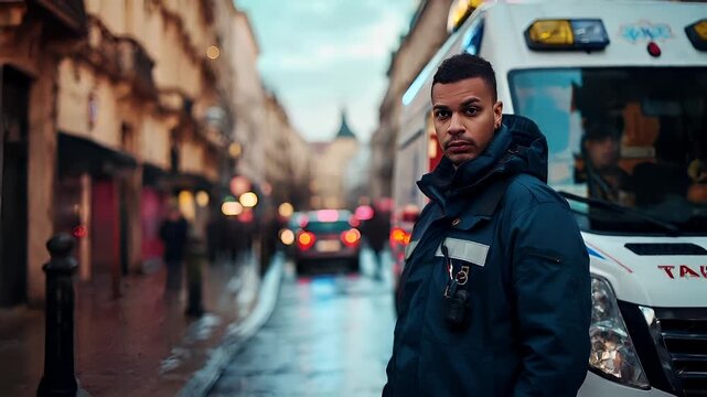 A man in a blue jacket stands in front of an ambulance on a city street during twilight.