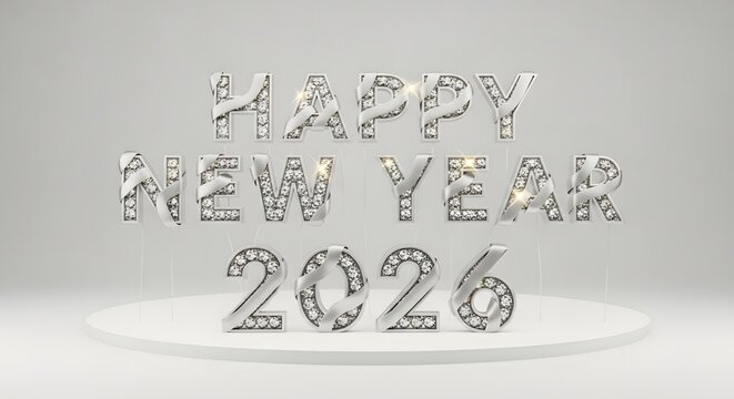 Happy new year 2026 text with shiny metallic letters on a pedestal