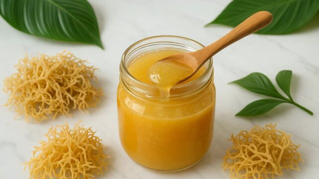 Golden sea moss gel in jar with raw sea moss and green leaves