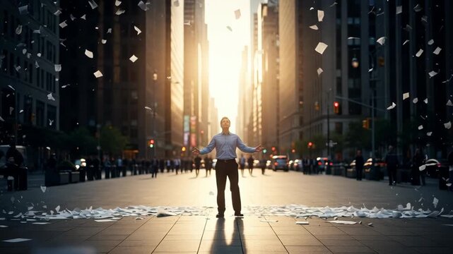 Businessman walking confidently amidst flying papers in city street, a dynamic scene of ambition and determination in the face of challenges