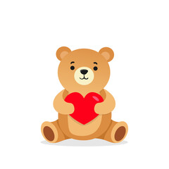 Teddy bear with heart toy in love flat vector character