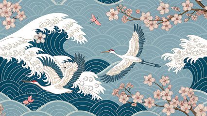 Obraz premium Elegant Japanese Pattern with Cranes Waves and Cherry Blossoms Illustration