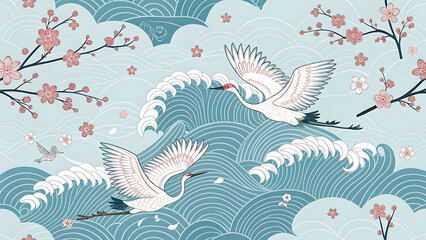 Obraz premium Elegant Japanese Style Illustration of Cranes and Cherry Blossoms Over Water