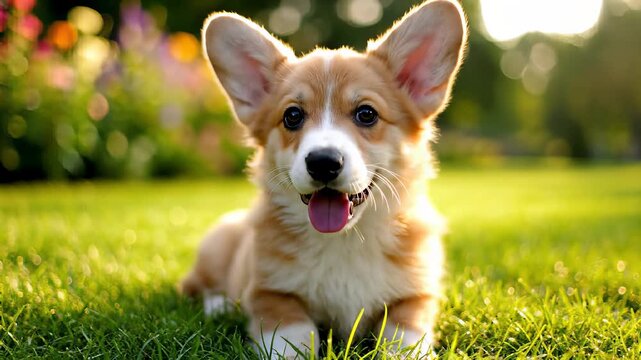 Welsh corgi lying comfortably in lush green grass, its adorable face tilted upwards as if soaking up sunshine, capturing the concept of cuteness and playfulness, perfect for use cases involving.