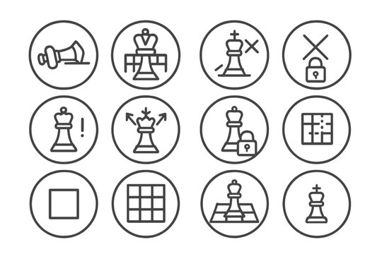 Checkmate Line Icons. Line style icons of checkmate in round shape: fallen king, captured queen, last move, check indicator; cross