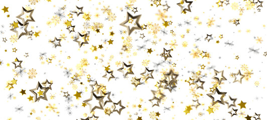 Abstract background of floating golden stars and snowflakes on a white backdrop, perfect for celebratory designs and festive occasions.