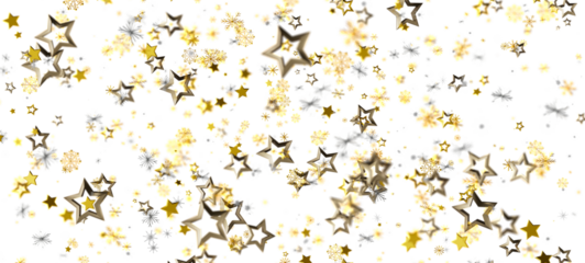Abstract background of floating golden stars and snowflakes on a white backdrop, perfect for celebratory designs and festive occasions.