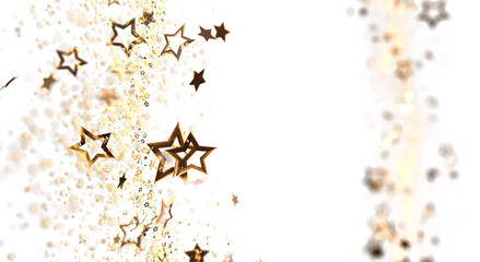 Beautiful festive background of gold stars with bokeh effect on a white background. Perfect for celebrations, holidays, and luxury designs. Use