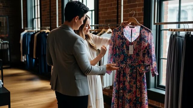 Stylish personal shopper assisting woman with selecting a vibrant floral dress in a boutique, creating a memorable shopping experience and style inspiration
