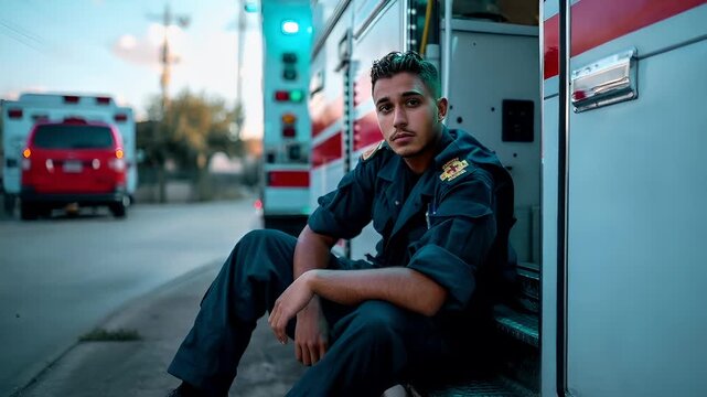 A man in a blue uniform sits in front of an ambulance on a road.