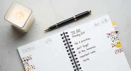 To-Do List Creation: Captivating Flat Lay of Spiral Notebook, Fountain Pen, and Candle for Productivity and Inspiration, Ideal for Lifestyle Content (Monday 21st)