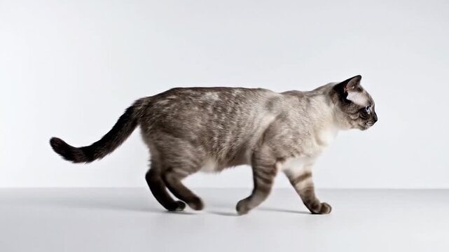 Graceful blue point Siamese cat walking with focused expression in studio shot on clean white background. An elegant domestic cat and beautiful pet animal