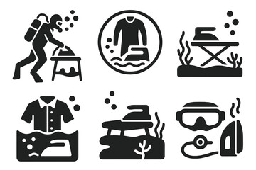 Underwater Ironing Icons. Solid style icons of ironing in water environments: diver with iron icon, wetsuit ironing badge,