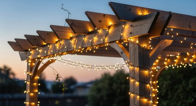 A wooden pergola wrapped in string lights glows at dusk. Outdoor garden decoration for a cozy backyard patio in the evening - Powered by Adobe