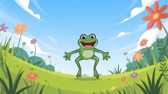 Cheerful frog cartoon jumping with joy in sunny flower meadow