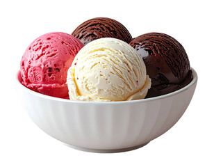 Assorted Chocolate, Vanilla, and Strawberry Ice Cream Scoops in White Bowl, Isolated on Transparent Background PNG