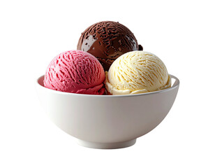 Assorted Chocolate, Vanilla, and Strawberry Ice Cream Scoops in White Bowl, Isolated on Transparent Background PNG 