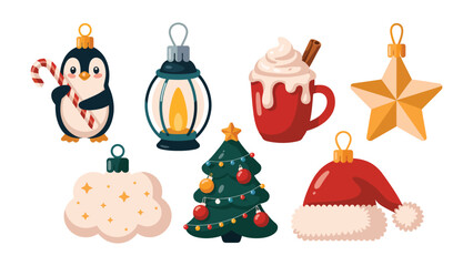Holiday Ornament Assortment: A collection of festive ornaments, featuring a charming penguin with a candy cane, a cozy lantern, a comforting hot cocoa mug, a radiant star.