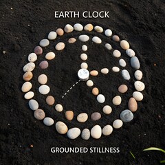 Pebbles arranged as a clock on dark soil marking time