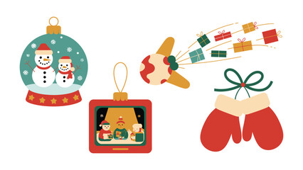 Festive Ornament Collection: A collection of charming ornaments, including a snow globe with snowmen, an ice cream cone launching presents, and a red Christmas ornaments with gloves and scene.
