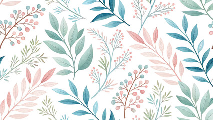 Fototapeta premium Elegant watercolor leaves and berries seamless pattern on white background