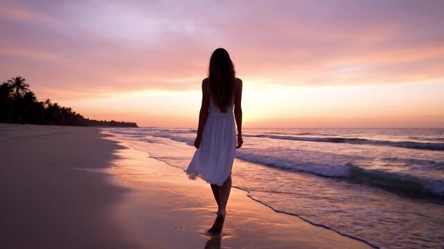 Serene silhouette of lonely woman in white dress walking tropical beach at sunset, contemplative view of calm ocean under beautiful and colorful sky