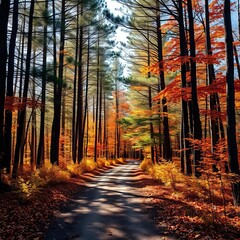 Obraz premium Autumn forest path lined with pines in fall colors, dappled sunlight, path, leaves