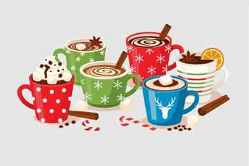 Cozy Christmas Hot Drinks Collection: Cocoa, Spiced Wine, or Coffee Mugs Set with Holiday Decoration