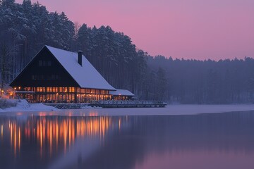 Fototapeta premium Lakeside cabin with snow-covered roof reflects on water, bathed in a pink twilight