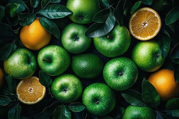Green apples and halved oranges nestled among dark green leaves, overhead shot