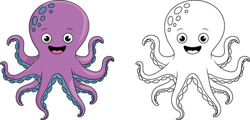 Cartoon octopus vector illustration, cute sea animal character, underwater marine life drawing, children coloring book page, ocean creature art design