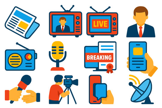 Media Icons Collection. Isometric vector illustration set News and Media Communication: newspaper icon, news broadcast icon, live