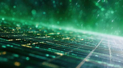 Abstract digital data grid with glowing light particles on a green background