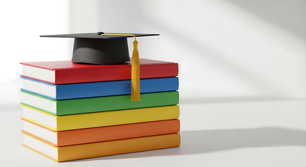 A graduation cap on a stack of colorful books against a white background in a studio setting