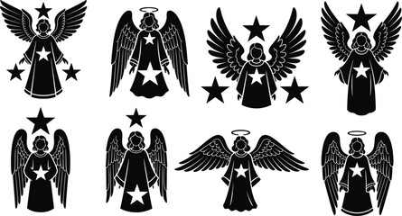 Christmas angel silhouettes, spiritual guardian icons, festive star designs, divine holiday artwork, celestial wings illustration, winter celebration decoration, religious seasonal graphic symbols