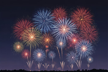 Fototapeta premium Colorful fireworks exploding in the night sky, festive new year illustration background