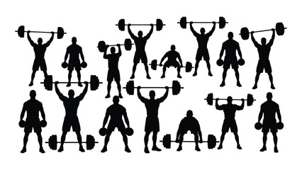 Weightlifting and fitness silhouettes collection isolated on transparent background, Vector