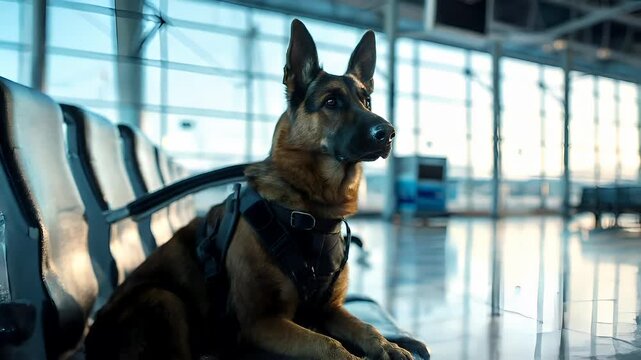 A German Shepherd dog in a modern indoor setting, possibly an airport terminal. The dog is wearing a black harness, and its gaze is directed forward, suggesting alertness.