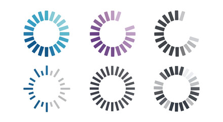 Six circular loading indicators with different colors and progress stages