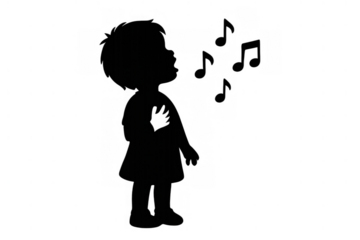 Child with hand on chest singing song, musical notes coming from mouth, illustration on transparent background