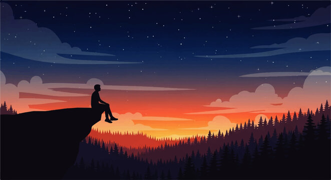 Silhouette of a person sitting on a cliff edge, gazing at a vibrant sunset over a forest landscape under a starry night sky.