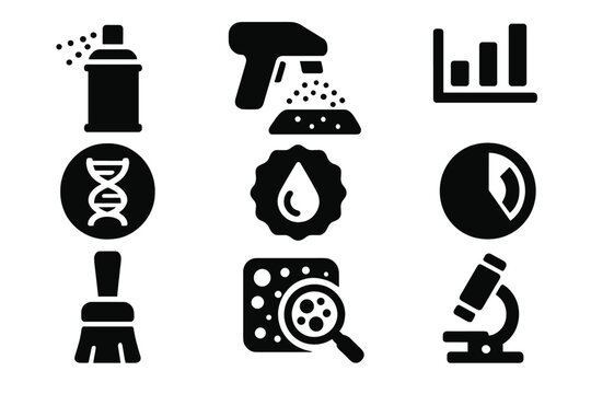 Forensic Analysis Icons. Solid style icons of forensic tagging analysis: spray layer scanner icon, pigment residue chart, chemical