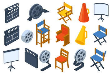 Filmmaking Tools Icons. Isometric vector illustration set filmmaking elements: striped clapperboard, open film reel, foldable