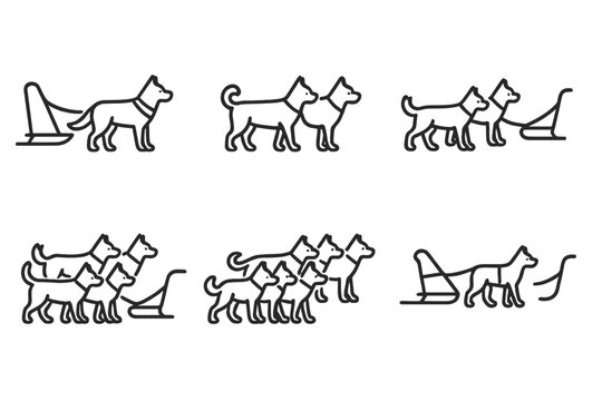 Sled Team Configurations. Line style icons of sled configurations: single dog pull, two-abreast pair, four-dog team, six-dog team,