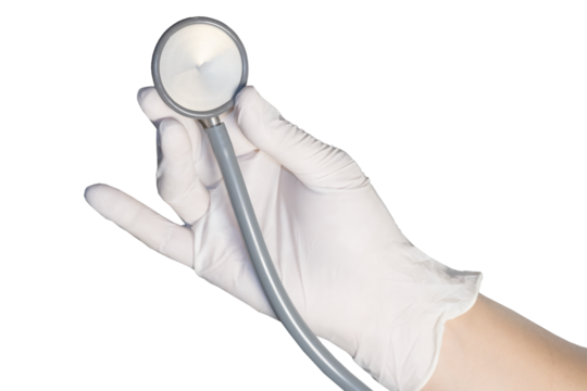 Close-up image of a doctor’s hand wearing a medical glove and holding a stethoscope against a transparency background. Concept of healthcare, diagnosis, and professional medical service.