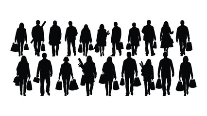 Silhouettes of shoppers with bags isolated on transparent background, Vector