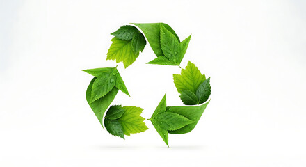 A recycle symbol formed by green leaves with water droplets on a plain white background studio shot