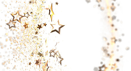Elegant background of golden stars confetti for any holiday. Shiny explosion and celebration concept. Festive background for New Year, Christmas