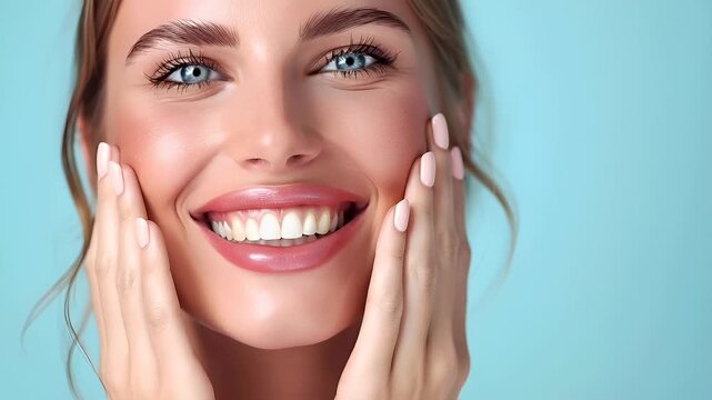 Tooth dental health concept. A closeup portrait of a woman with blue eyes and a radiant smile, showcasing her teeth. The style is realistic with a touch of digital artistry, evident in the smooth.