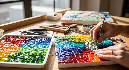 A person creating a mosaic art piece with colorful glass tiles on a wooden surface in a bright room